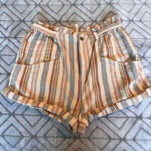 FREE PEOPLE Topanga Cotton Yarn Dye Shorts 2” Paper Bag Waist Cuffed Tan Multi L